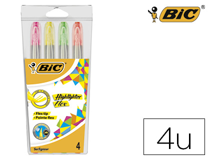 SURLIGNEUR BIC FLEX GRIP CAOUTCHOUC POINTE PINCEAU SOUPLE 2 LARGEURS DE TRAIT COLORIS ASSORTIS FUN 4 UNITS
