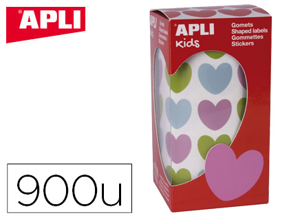 GOMMETTE APLI KIDS MOTIF COEUR 20X18MM MULTICOLORE ROULEAU 30 FEUILLES BOTE 900 UNITS