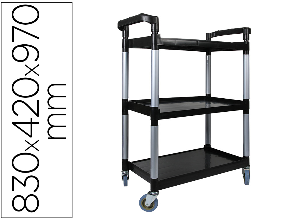 CHARIOT SERVICE Q-CONNECT ACIER 3 PLATEAUX ACIER INOXYDABLE 4 ROUES POIGNES 83X42X97CM