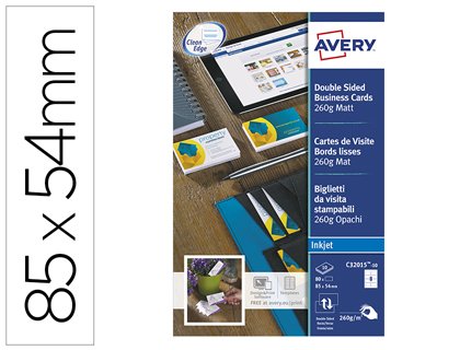 CARTE VISITE AVERY IMPRESSION JET D'ENCRE RECTO VERSO 260G/M2 85X54MM BORDS LISSES BLANC MAT POCHETTE 80 UNITS