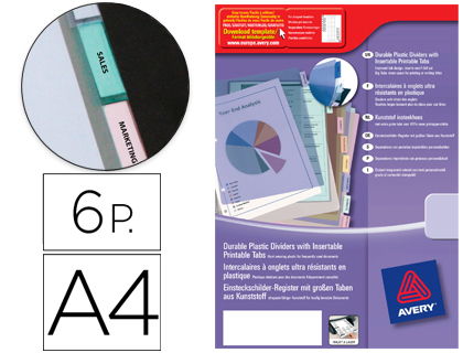 INTERCALAIRE AVERY POLYPROPYLNE 6 POSITIONS A4+ PERFOR COLORIS TRANSPARENT