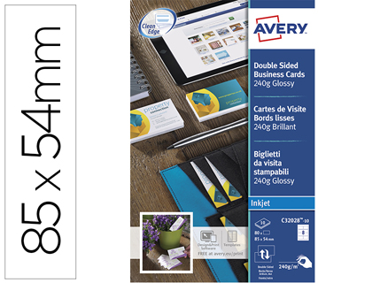 CARTE VISITE AVERY IMPRESSION JET D'ENCRE RECTO VERSO 240G/M2 85X54MM BORDS LISSES BLANC BRILLANT POCHETTE 80 UNITS