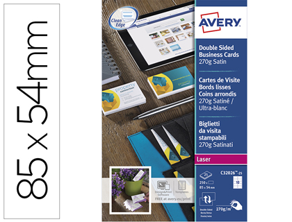 CARTE VISITE AVERY IMPRESSION LASER RECTO VERSO 270G/M2 85X54MM BORDS LISSES BLANC SATIN POCHETTE 250 UNITS
