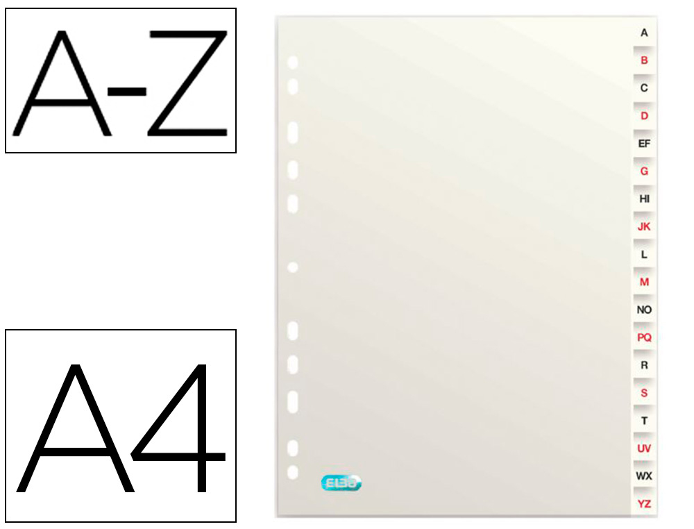INTERCALAIRE ELBA CARTE SATINE 160G ALPHABTIQUE 26 TOUCHES A4 ONGLETS BLANCS RENFORCS CRITURE NOIR/ROUGE