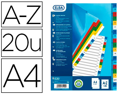 INTERCALAIRE ELBA POLYPROPYLNE 12/100E ALPHABTIQUE 20 TOUCHES A4 PAGE GARDE PERSONNALISABLE COLORIS ASSORTIS