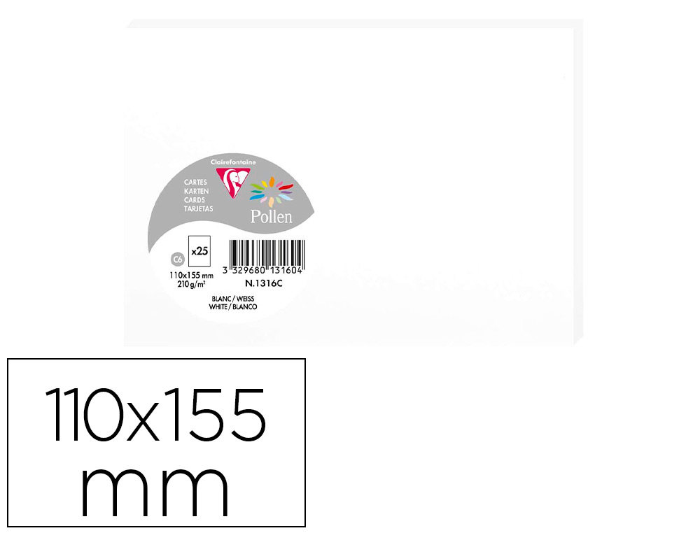 CARTE CORRESPONDANCE CLAIREFONTAINE POLLEN 210G/M2 110X155MM COLORIS BLANC PAQUET25 FEUILLES