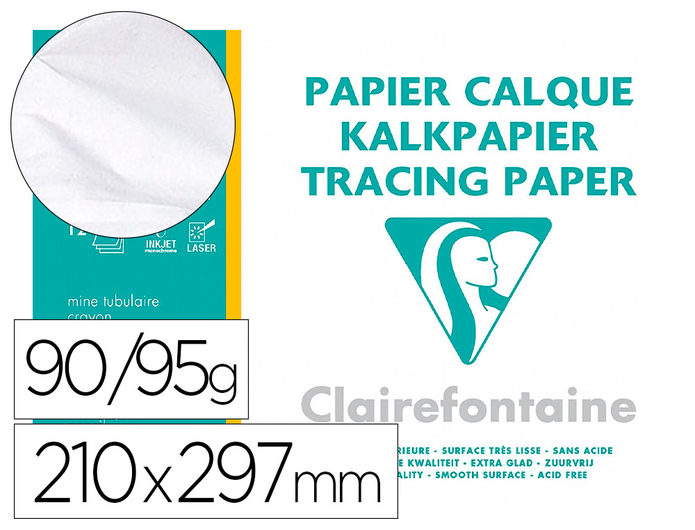 PAPIER CALQUE CLAIREFONTAINE HAUTE TRANSPARENCE 70G 21X29,7 CM TRS RSISTANT NE JAUNIT   PAS POCHETTE 12 FEUILLES