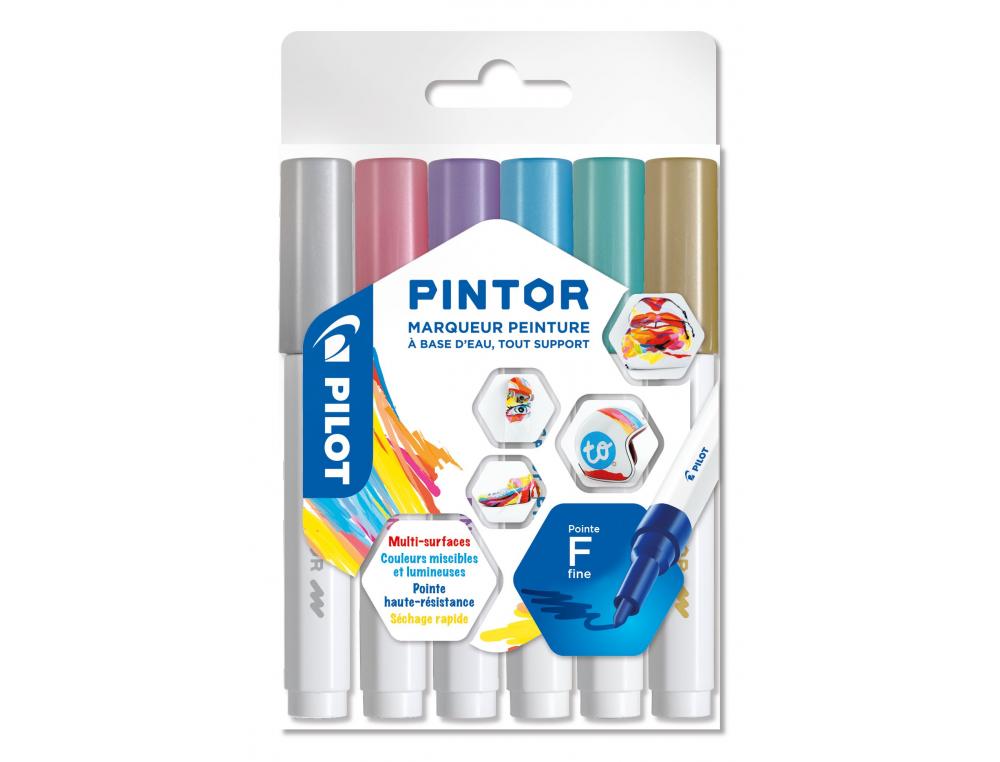 SET DE 6 MARQUEURS PILOT PINTOR METAL MIX POINTE FINE  COLORIS OR BLEU ROSE VERT     VIOLET ARGENT