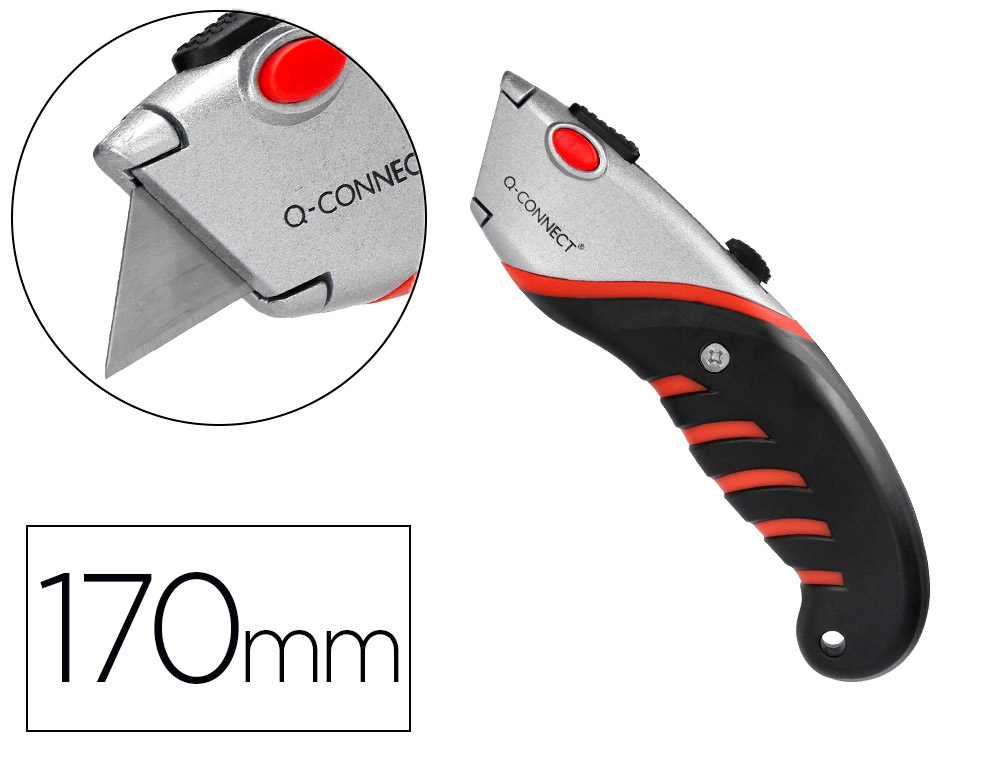 CUTTER Q-CONNECT LARGE MTAL MANCHE CAOUTCHOUC LAME 18MM BLOCAGE SCURIT COLORIS NOIR/GRIS/ROUGE BLISTER