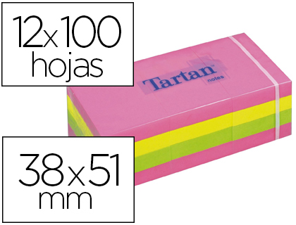 BLOC-NOTES TARTAN 38X51MM 100F/BLOC REPOSITIONNABLES    COLORIS NEON ASSORTIS LOT 12 BLOCS