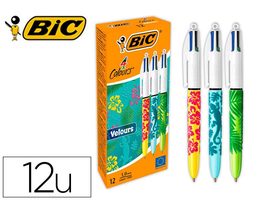 STYLO-BILLE BIC 4 COULEURS CLASSIQUES POINTE MOYENNE 1MM RETRACTABLE RECHARGEABLE      CORPS TOUCHE VELOURS MOTIFS