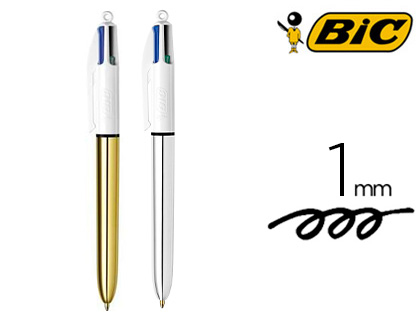 STYLO-BILLE BIC 4 COULEURS POINTE MOYENNE 1 MM           RETRACTABLE RECHARGEABLE 2    CORPS DORE 1 ARGENT COFFRET 3