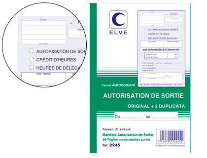 CARNET ELVE AUTOCOPIANT AUTO SORTIE 21X14CM DELEGUES       SYNDICAUX 50 FEUILLETS        NUMEROTES TRIPLIS BLEU ROUGE
