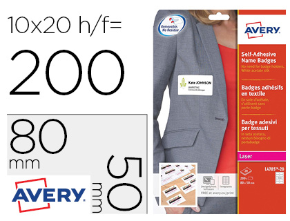 BADGE ADHESIF AVERY SOIE D'ACETATE SANS PVC PREDECOUPE IMPRESSION LASER 80X50MM      COLORIS BLANC POCHETTE 200
