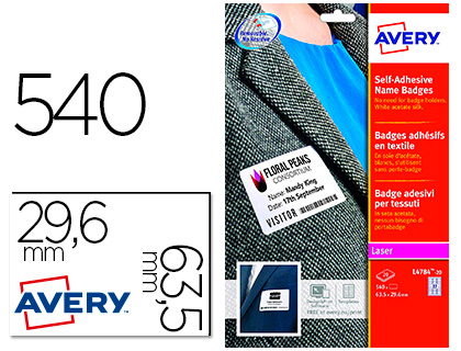 BADGE ADHESIF AVERY SOIE D'ACETATE SANS PVC PREDECOUPE IMPRESSION LASER 29,6X63,5MM  COLORIS BLANC POCHETTE 540 UN