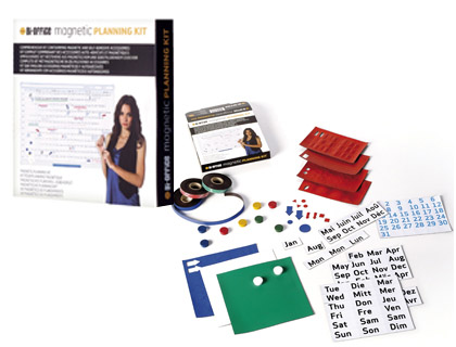 KIT PLANNING BI-OFFICE TABLEAU BLANC 5 FEUILLES MAGNTIQUES 3 RUBANS MAGNTIQUES 5MM 10 AIMANTS 15MM 305X215X15CM