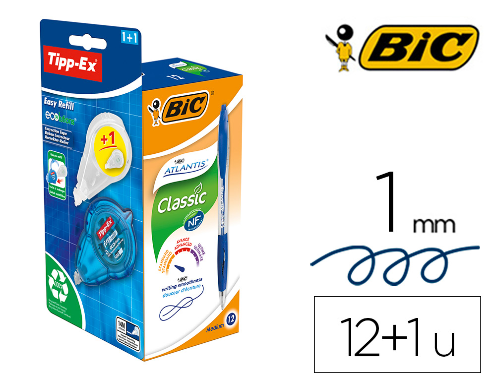 STYLO-BILLE BIC ATLANTIS SOFT POINTE 1MM COLORIS BLEU PACK  DE 12 UN + 1 CORRECTEUR EASY  REFILL + 1 RECHARGE