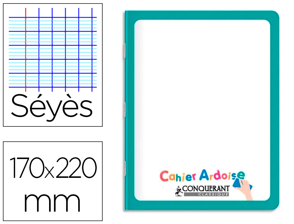 CAHIER PIQUE CONQUERANT ARDOISE RECTO BLANC VERSO GRANDS CARREAUX COUV CARTE PELLICULEE LAVABLE 170X220MM 48P 90G