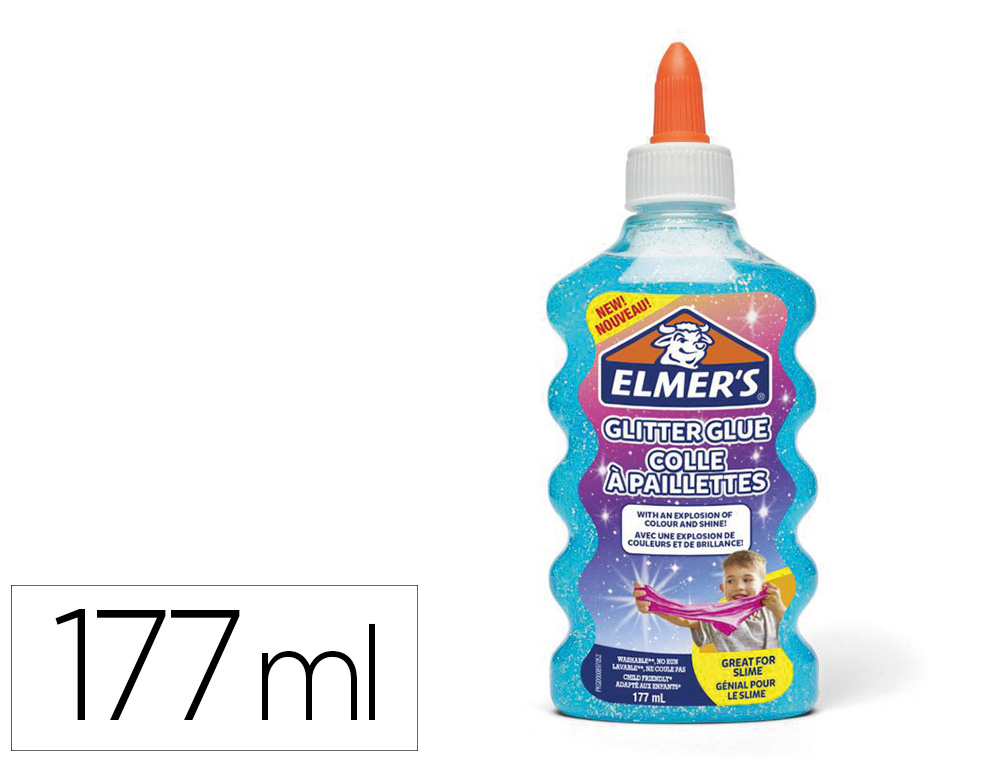 COLLE LIQUIDE PAILLETEE ELMERS LAVABLE ADAPTE AUX ENFANTS   POUR FABRICATION SLIME -       FLACON 177ML COLORIS BLEU