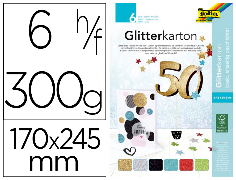 CARTON A PAILLETTES FOLIA BASIC 300G/M2 BLOC COLLE EN   TETE 170X245MM COLORIS        ASSORTIS CLASSIQUES 6 FEUILLES