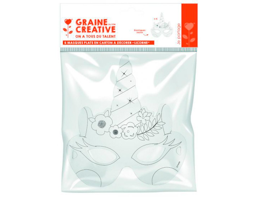 MASQUE PLAT CARTON A COLORIER DTM LICORNE AVEC ELASTIQUE -  SACHET DE 6UN