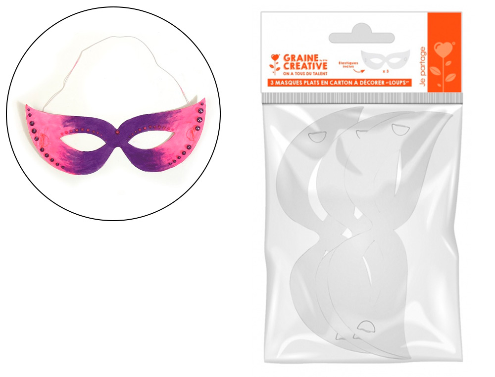MASQUE PLAT CARTON A COLORIER DTM LOUP DE CARNAVAL AVEC     ELASTIQUE - SACHET DE 6UN