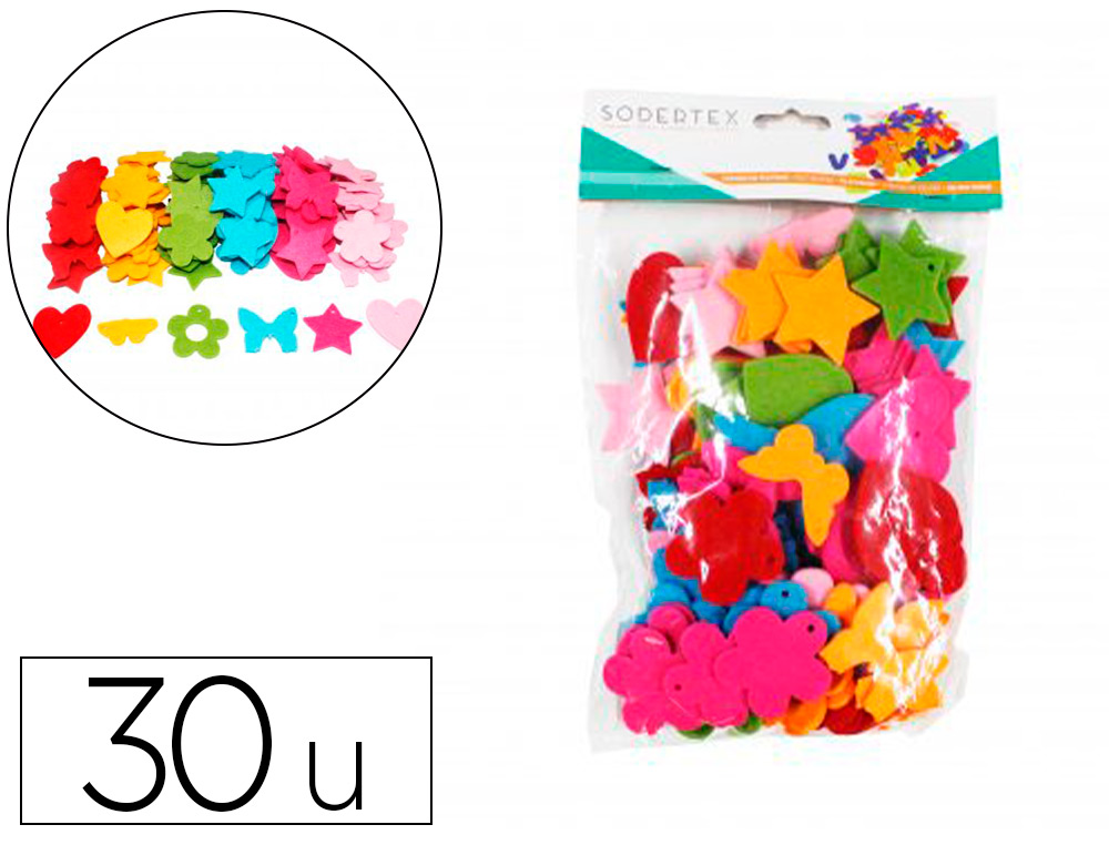 FEUTRINE SODERTEX PACK FLEURS PAPILLONS COEURS ETOILES 3MM  4 PACKS 30 PCS