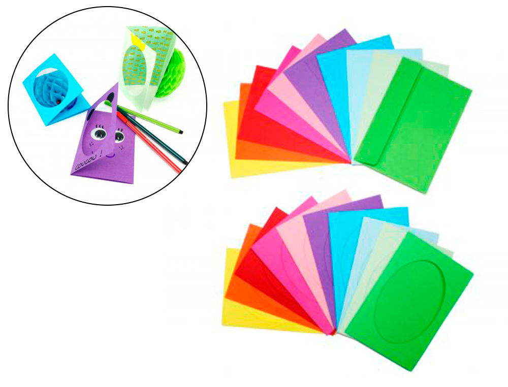 CARTES CARTON SODERTEX 230GM2 297X148MM 3 VOLETS +          ENVELOPPES PAPIER 70GM2       100X150MM 10 COLORIS ASSORTIS