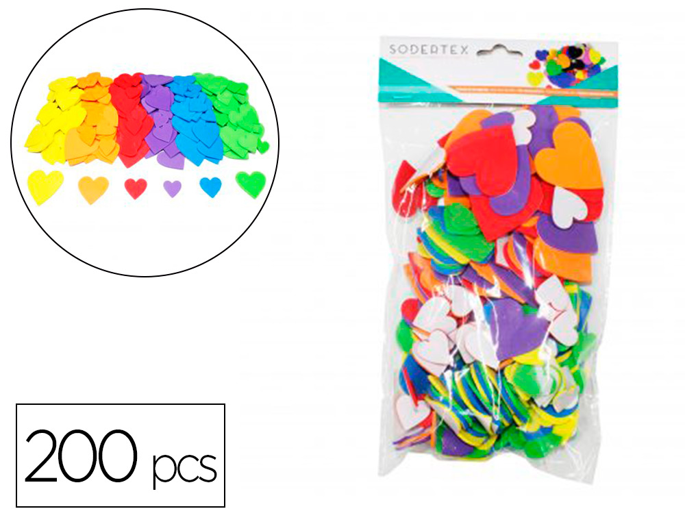 COEURS EN MOUSSE EVA SODERTEX ADHESIVE 200 PCS TAILLES ET   COLORIS ASSORTIS