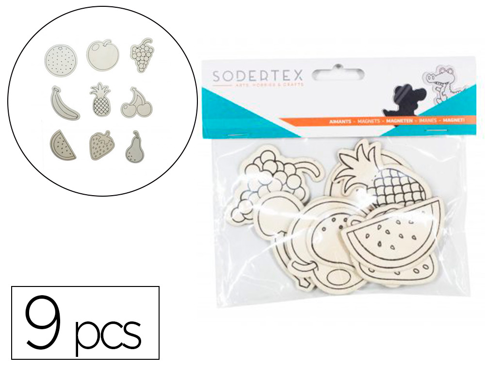 AIMANTS SODERTEX FRUITS EN BOIS A COLORIER 9 PCS COLORIS ASSORTIS