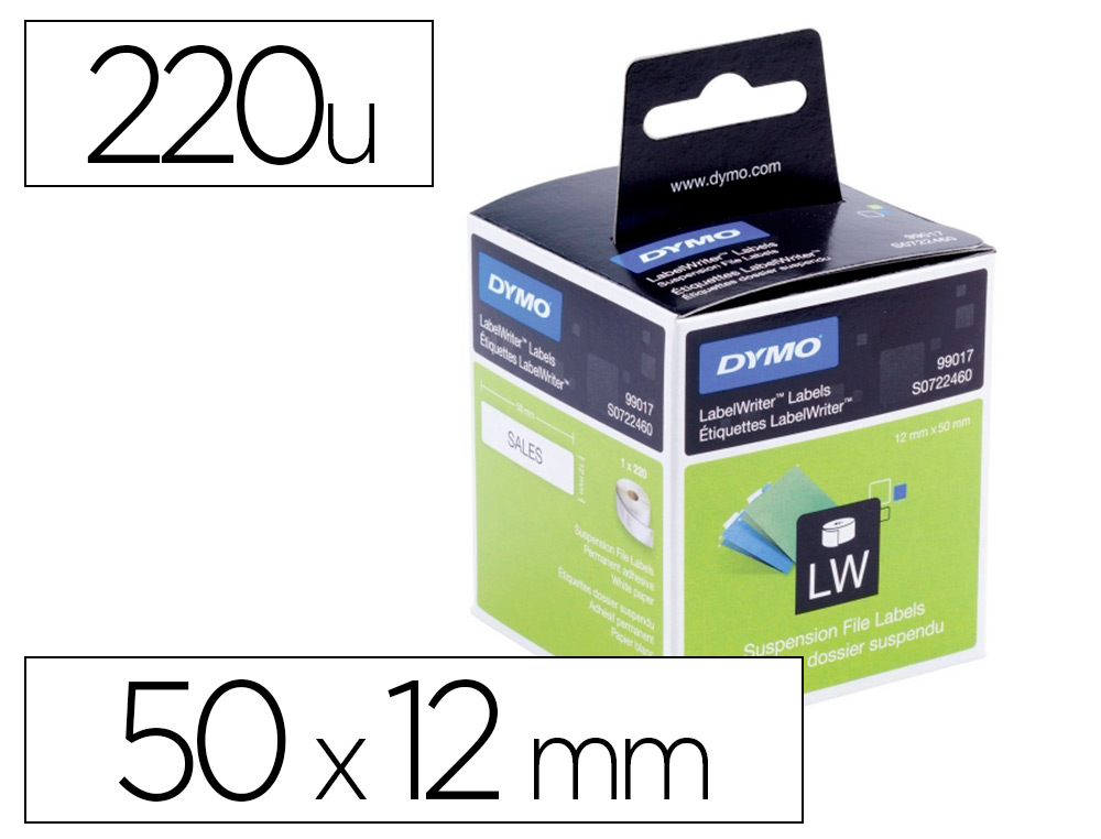 RUBAN ETIQUETTES DYMO LABELWRITER DOSSIERS SUSPENDUS 50X12MM COLORIS BLANC 220 UNITES