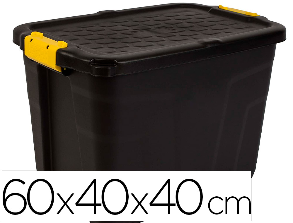 BOITE RANGEMENT STRATA HEAVY DUTY 60L POLYPROPYLENE TRES ROBUSTE 2 POIGNES CLIPS JAUNES 60X40X40CM COLORIS NOIR