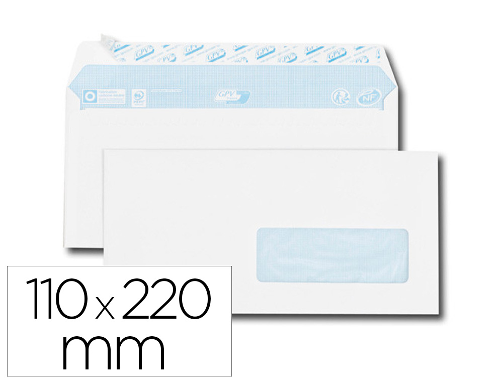 ENVELOPPE GPV EVERYDAY BLANCHE 80G DL 110X220MM FENETRE 35X100MM FERMETURE SECURISEE COLLAGE RENFORCE BOITE 500 UNITES