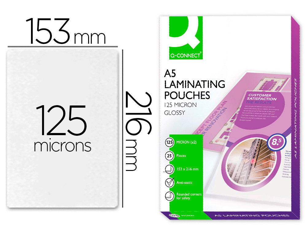 POCHETTE PLASTIFICATION Q-CONNECT AUTOADHSIVE 2 FACES FORMAT A5 125 MICRONS ANTISTATIQUE BOTE 25 UNITS