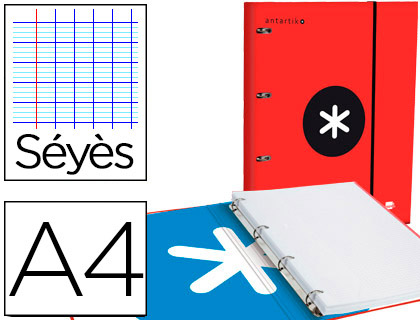 CLASSEUR ANTARTIK 4 ANNEAUX 25MM A4 CARTON REMBORDE       FEUILLETS MOBILES SEYES       COLORIS ROUGE