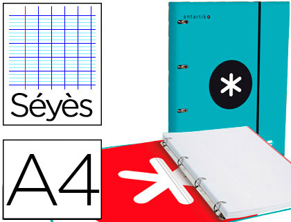 CLASSEUR ANTARTIK 4 ANNEAUX 25MM A4 CARTON REMBORDE       FEUILLETS MOBILES SEYES       COLORIS TURQUOISE
