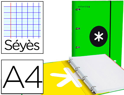 CLASSEUR ANTARTIK 4 ANNEAUX 25MM A4 CARTON REMBORDE       FEUILLETS MOBILES SEYES       COLORIS VERT