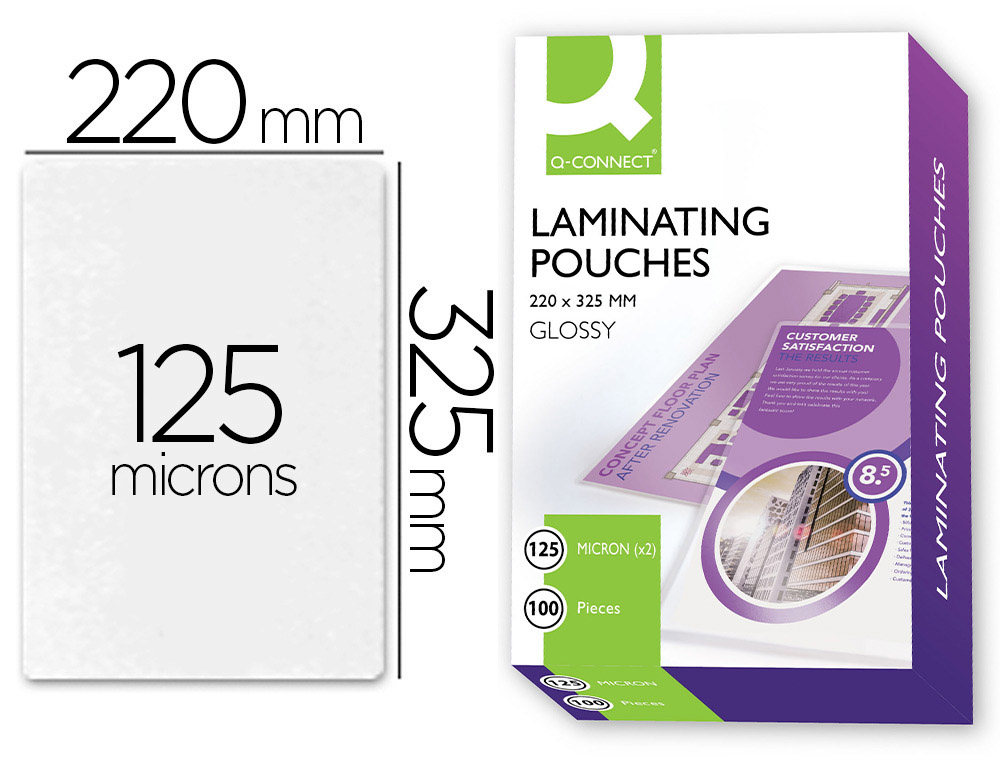 POCHETTE PLASTIFICATION Q-CONNECT  CHAUD CONOMIQUE FORMAT FOLIO 325X220MM 125 MICRONS BOTE 100 UNITS