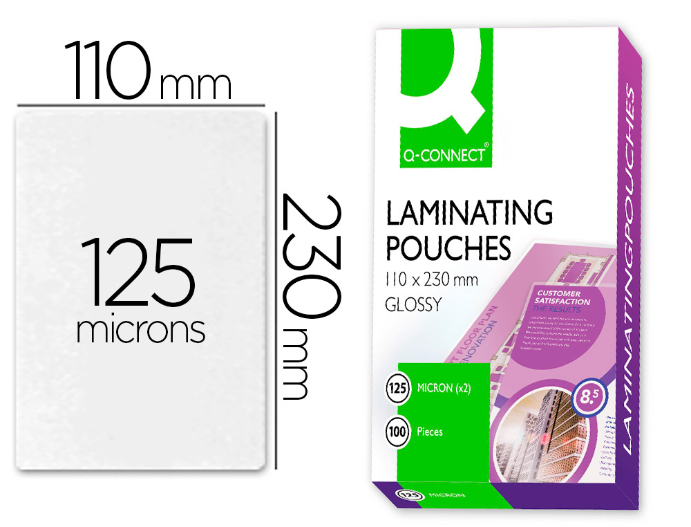 POCHETTE PLASTIFICATION Q-CONNECT  CHAUD CONOMIQUE FORMAT 110X230MM 125 MICRONS BOTE 100 UNITS