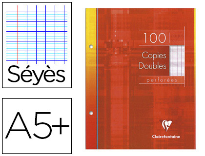 COPIE DOUBLE CLAIREFONTAINE A5+ 170X220MM PAPIER VLIN VELOUT 100P 90G SYS PERFORES TUI VERNI