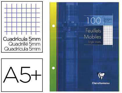 FEUILLET MOBILE CLAIREFONTAINE A5+ 170X220MM PAPIER VLIN VELOUT 100 PAGES 90G 5X5MM PERFOR COLORIS BLANC