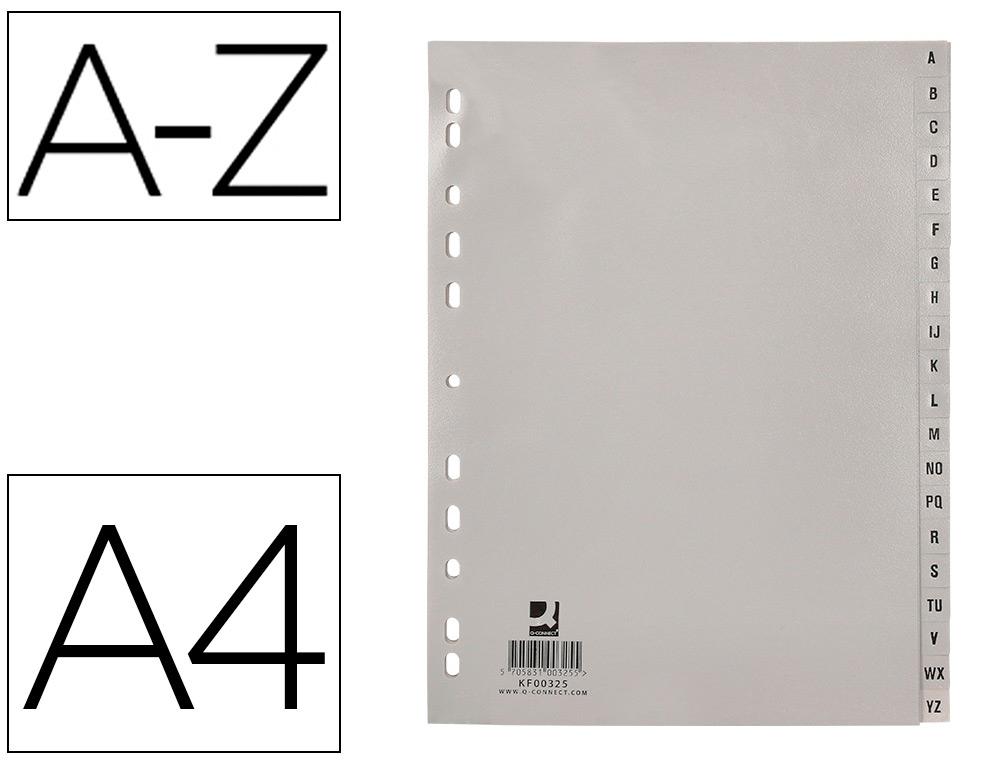 INTERCALAIRE Q-CONNECT PP 12/ 100E A4 225X297MM MULTIPERFORÉ ALPHABET GRAVÉ ONGLETS COLORIS GRIS