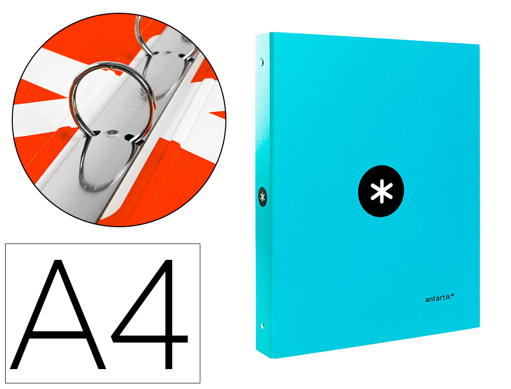 CLASSEUR ANTARTIK 4 ANNEAUX RONDS 25MM A4 CARTON REMBORDE COLORIS TURQUOISE