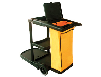 CHARIOT NETTOYAGE Q-CONNECT POLYPROPYLNE ROUES POCHE ZIP 2 TAGRES PLATEFORME SUPPORT SEAU 58X24X96CM